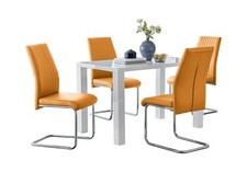 Image of PIVERO White High Gloss Dining Table And 4 Faux Leather Kitchen Dining Chairs