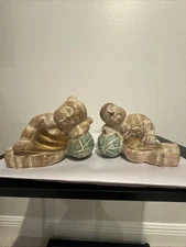 Hand Carved Asian set Boy & Girl Figurine Lying on Melon