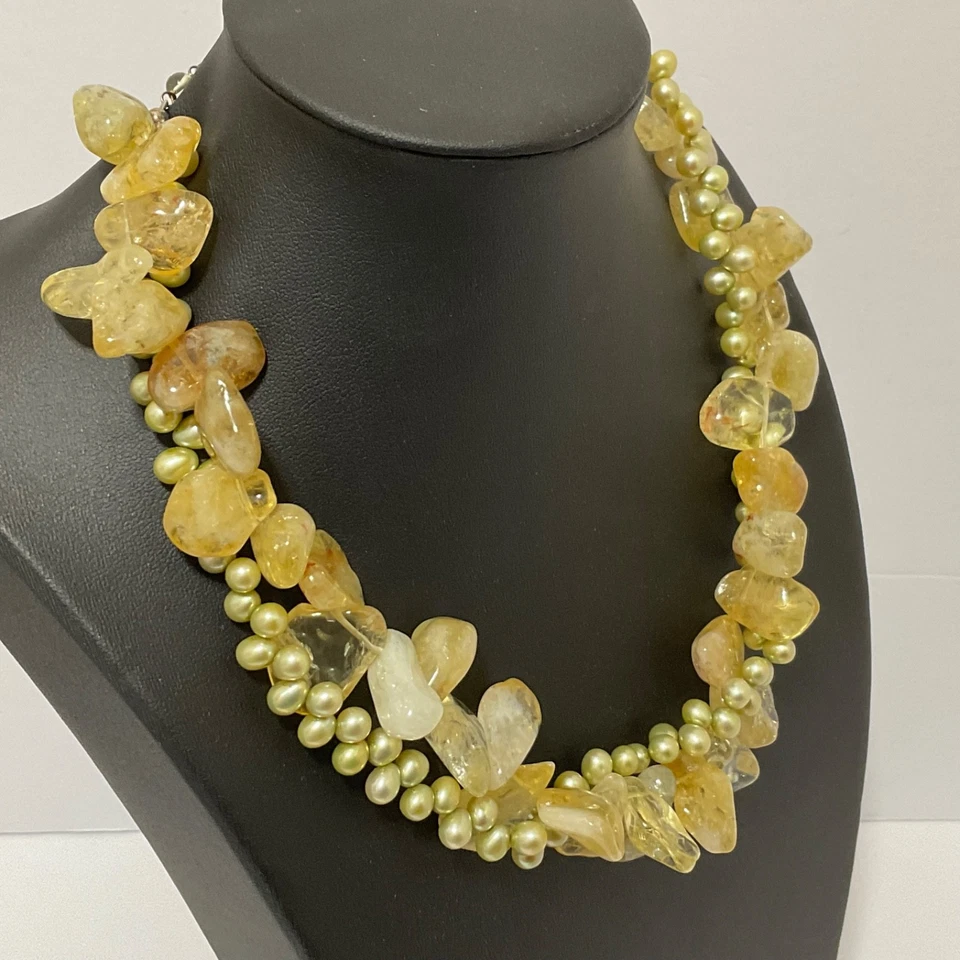 Collar de plata de ley de 2 hilos de perlas genuinas Chartreuse pepita de citrino dorado Foto 2 de 4