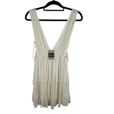 Pitaya Cream Boho Deep V-Neck Tiered Mini Dress with Lace-Up Sides M FairyCore