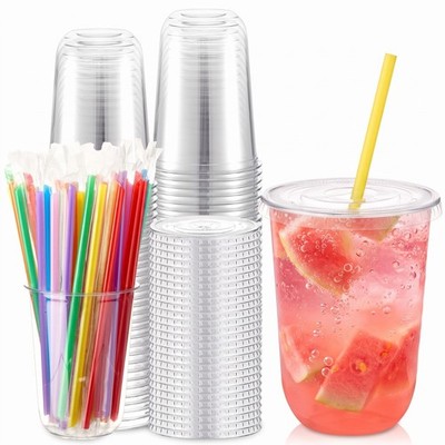 Ziliny 50 Pack 16 oz Clear Plastic Cups with Lids and Straws Disposable Iced ...