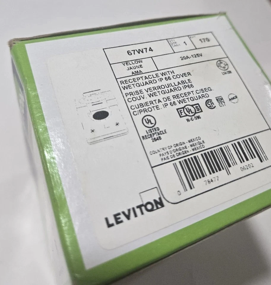 LEVITON 67w74 Receptacle with Wetguard IP 66 Cover 20A 125/250V Yellow - Image 3 of 4