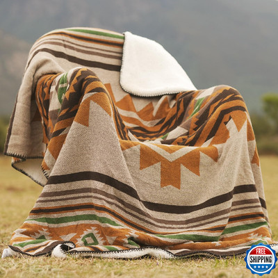 Aztec Throw Blanket with Soft Sherpa Lining, Traditional Southwestern Navajo Tri