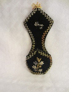 Antique Victorian Sewing Wall Pocket--Embroidered Black Velvet