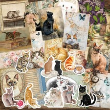 Cat Floral Scrapbook Junk Journal Kit Scrappy Paper Sticker Ephemera Tags