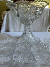 Imperial Glass Whirling Star Punch Bowl Stand 12 Cups & Glass Ladle 