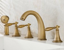 Antique Brass Deck Mounted Bathroom Tub Hand Shower Faucet Set Mixer Taps