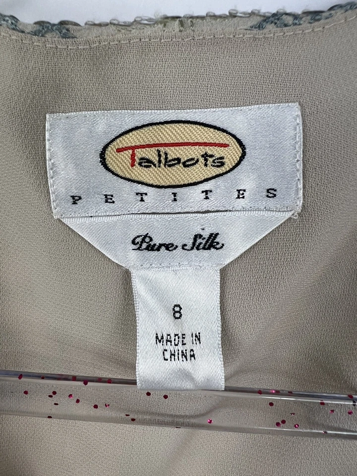 Talbots Petites Blouse Women's Size 8P Tan Sequin Embroidered Cap Slit Sleeve - Image 3 of 4