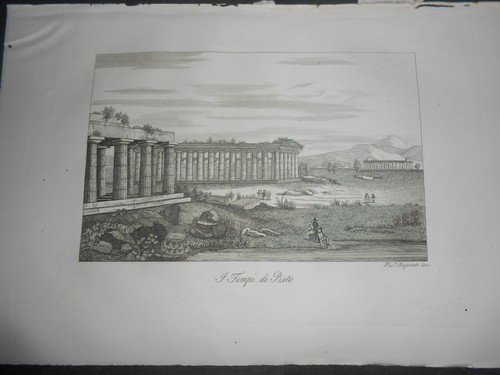 1846 INCISIONE I TEMPLI DI PAESTUM PESTO SALERNO REGNO DUE SICILIE