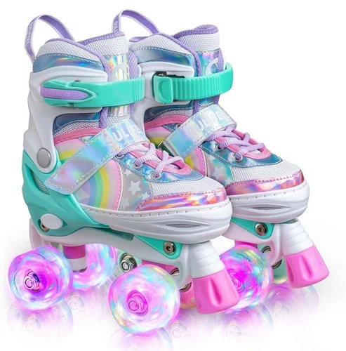 SULIFEEL Rainbow Unicorn 4 Size Adjustable Light up Roller Skates for Kids