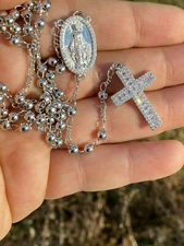 Rosary Beads Necklace Real Solid 925 Sterling Silver Rosario CZ Baguette ITALY