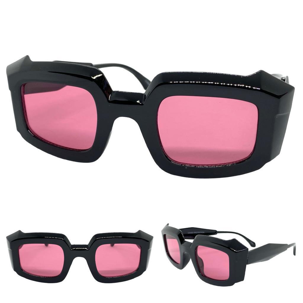 Men's or Women Classic Vintage Retro Style SUN GLASSES Black Frame Magenta Lens