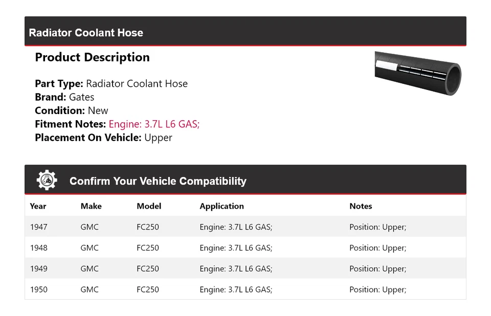 Manguera de refrigerante de radiador de gas para GMC FC250 1947-1950 3,7 L L6 puertas superiores 1948 1949 Foto 2 de 4