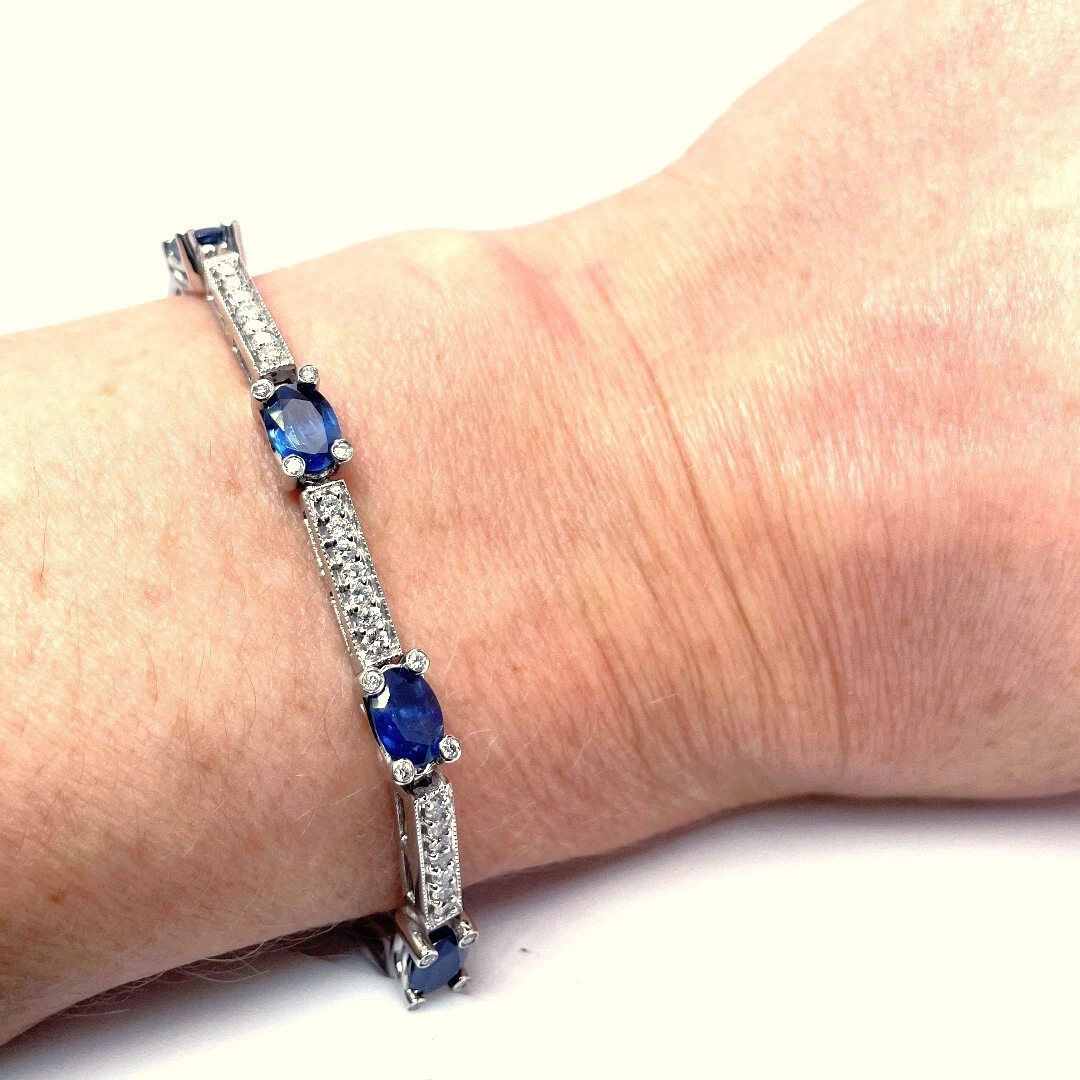 Natural Blue Sapphire Diamond 14K White Gold Tennis Bracelet Wedding Bridal Fine