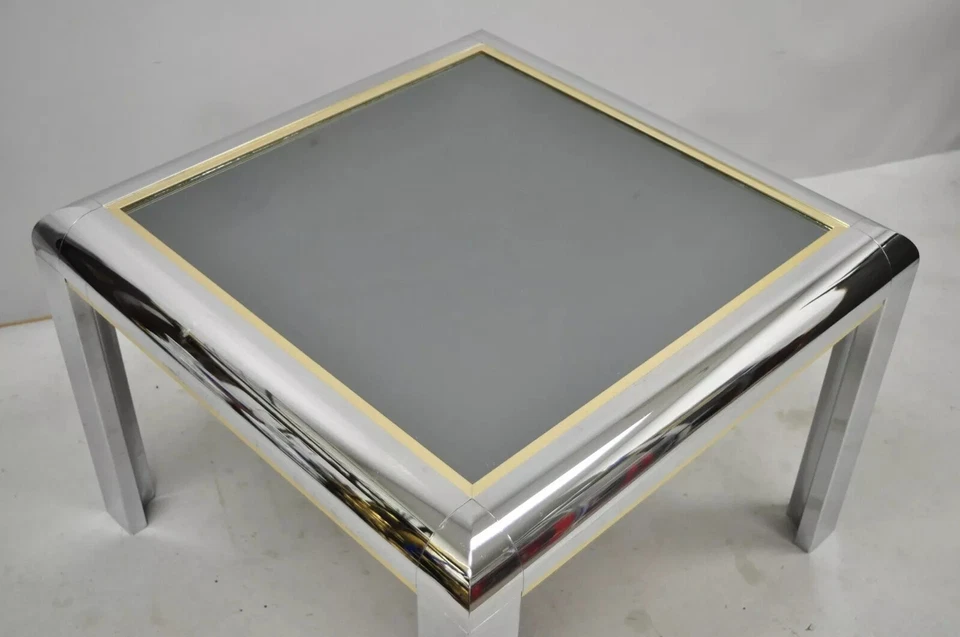 Mid Century Modern Polished Chrome Milo Baughman Style Glass Top Side Table - Image 3 of 4