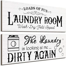 Jetec 2 Pieces Laundry Room Wooden Signs Rustic Family Farmhouse Wall White 