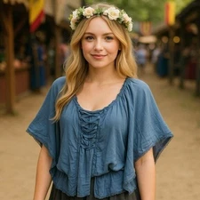 NEW Grass Collection Blue Renaissance Milk Maid Ethereal Fairy Flowy Blouse L