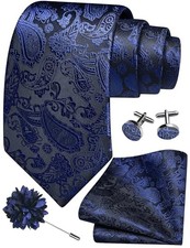 3.15"  8cm  Mens Paisley Tie and Lapel Pin Necktie Hankerchief Navy Blue-2