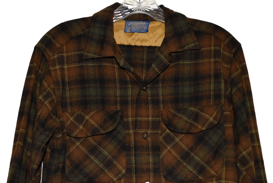 Vintage 70s Pendleton Dark Brown Board Shirt Loop Collar Wool Plaid Mens Size S - Image 2 of 4