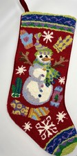 Vntg Christmas Snowman W Mittens Handmade Stocking Punch Needle Yarn Red Velvet
