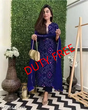 Bollywood Indian blue bandhani KURTA pant and dupatta Suit set for women's
