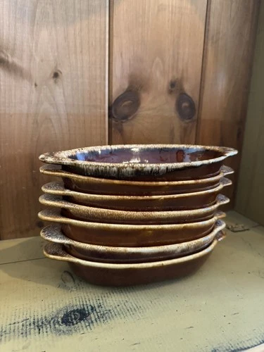 7pc Hull Pottery Brown Drip Oval Au Gratin Oven Proof Baking Casserole Dishes