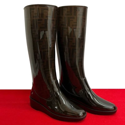 FENDI Zucca FF logo Pattern bottes caoutchouc marron s913f - Photo 1/4