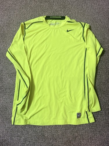 Nike Mens Size Large Pro Combat Hyper Warm Neon Yellow LS Shirt