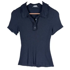 Reformation Womens Short Sleeve Ribbed Knit Polo Shirt Sz S Black Preppy Classic