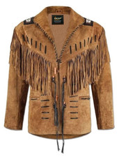 Cowboy Western Jacket Real Suede Leather Fringe Beads Native American Style