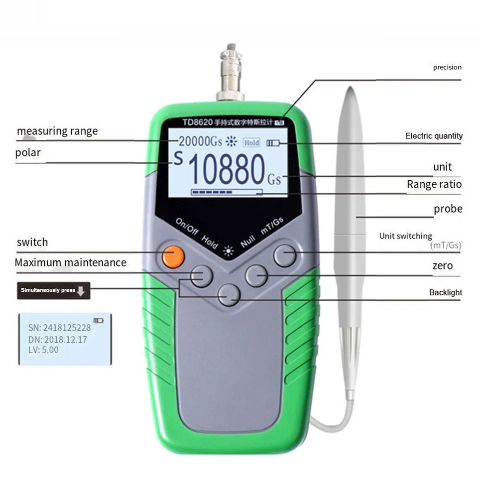 Digitaler Handheld Permanentmagnet Gauss Meter für Tesla Meter 5%/2%/1% TD8620 - Bild 3 von 4