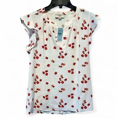 LOFT White Red Floral Print Split Neck Pleated Short Cap Sleeve Petite Blouse S