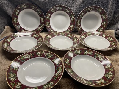 8 Sakura Splendor Burgundy Cereal Bowls White Holly Berries 8  Unused Gold Trim