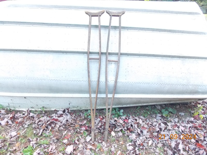 Rare Vintage Civil War Wooden Medical Crutches  54" - Wrought Iron Band. 1860'S