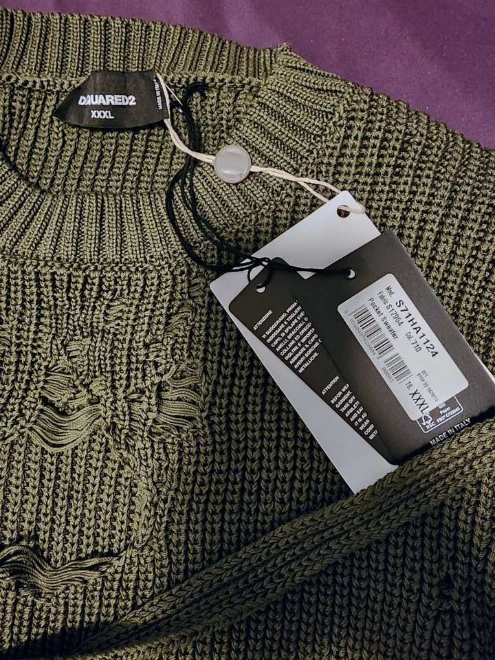 Dsquared Woven Distressed Thrashed Knit Sweater With Sling Bag Pouch XXXL - Image 4 of 4