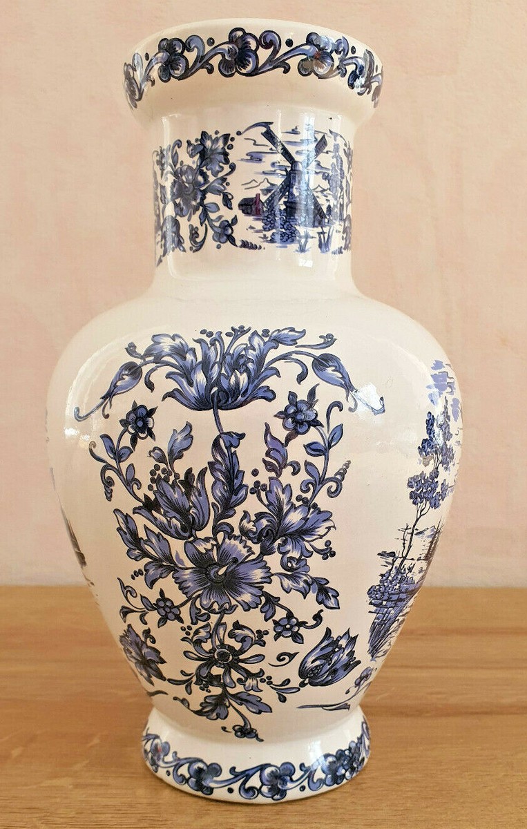 Ancien Jolie Vase Molen Blanc Décors Bleu Moulin a vent Pays