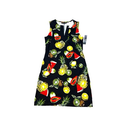 New York & Company Dress XS Fruit Print Sleeveless V-Neck Cotton Black Multi NWT