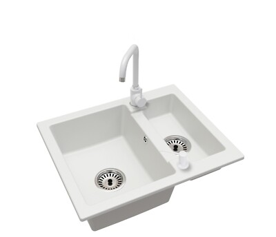 Spüle Granit Weiß Yogi Armatur FLEX CHROME Siphon Chrom Seifenspender