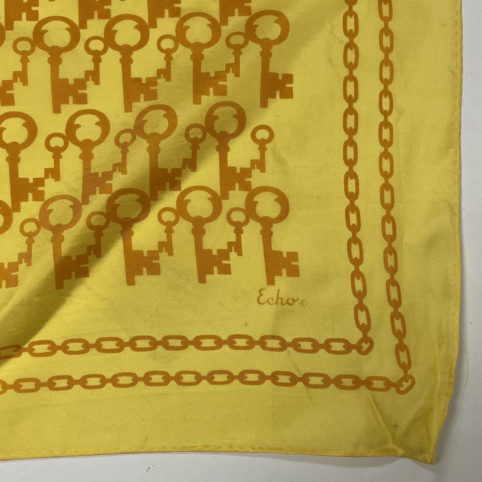 Vtg 1960 70's Echo MoD Retro Chic Chinon Silk Yellow Golden SKELETON KEY Scarf - Image 4 of 4