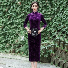 Women Autumn Winter Qipao Dress Chinese Velvet Cheongsam Evening Party Gown