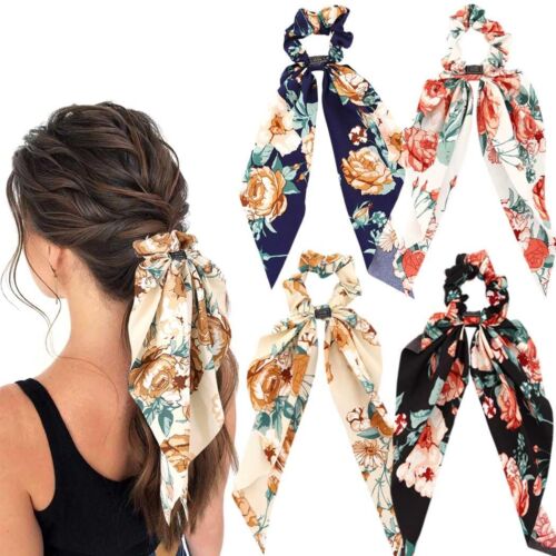 Jewemia Bow Hair Scrunchies for Women Classic Floral Pattern Hair Bands Silk ...