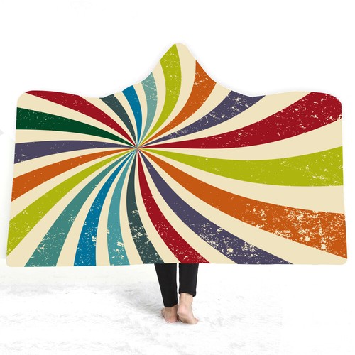 Rainbow Color Tie-Dye Geometric Spiral Mandala Warm Hooded Blanket Sofa Throw - Picture 11 of 16
