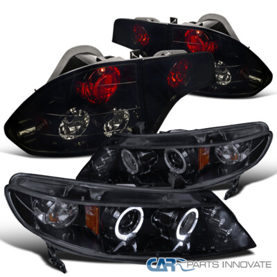 Glossy Black For 06-11 Civic 4Dr Halo LED Projector Headlights+Smoke Tail Lamps