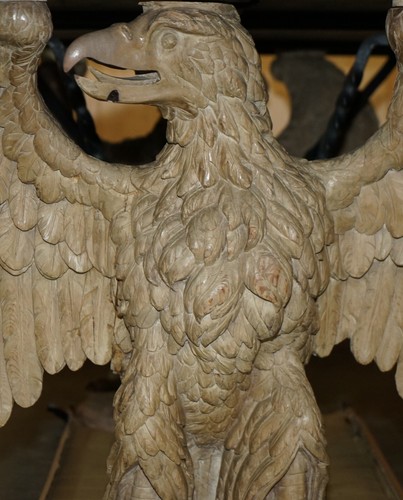 SUBLIME HAND CARVED ANTIQUE EAGLE 8 PERSON DINING TABLE WITH ITALIAN MARBLE TOP - Picture 23 of 23