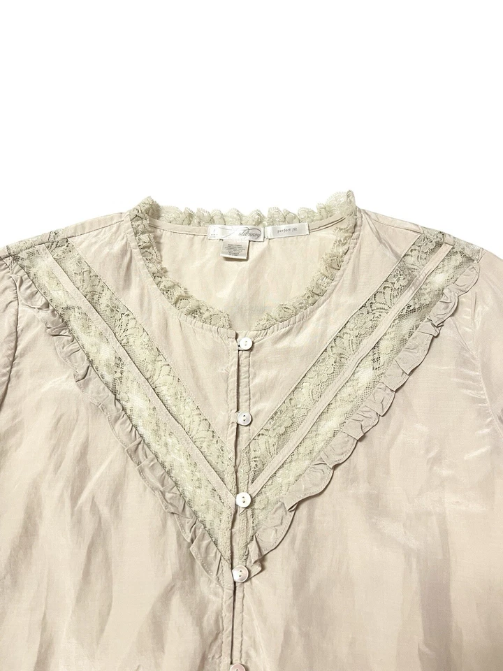 Top Campesino Vintage Azul Marino Antiguo Mujer L Beige Encaje Boho Volantes Cottagecore Mezcla de Seda Foto 2 de 4