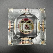 Hula Girl Cigars Square Crystal Ashtray with Petroglyphs 3.25” Hand Cut Glass