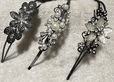 Floral Decorative Metal Headband Set, Faux Pearl  Rhinestone, Black/Silver