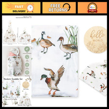 Muslin Swaddle Blankets Set for Newborns, Baby Boy Hat  Birth Announcement Card
