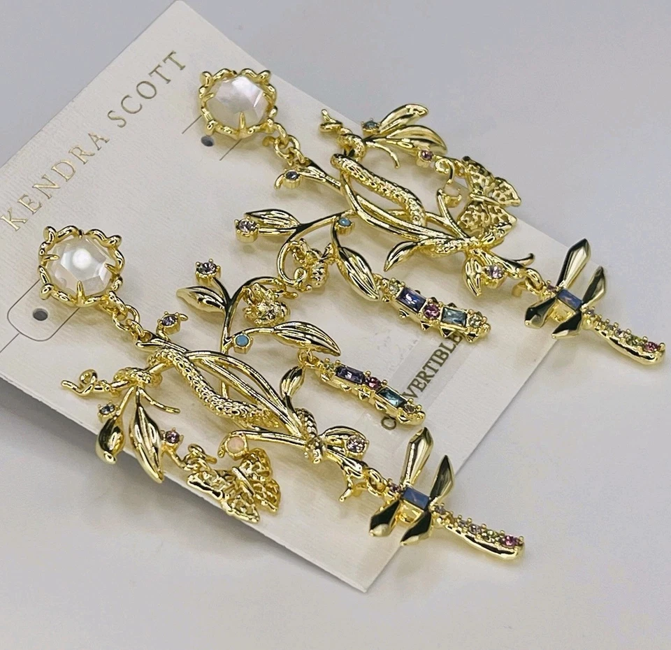 NUEVO CON ETIQUETAS Kendra Scott "Devin" Convertible Pendientes Tono Dorado Libélula Foto 4 de 4