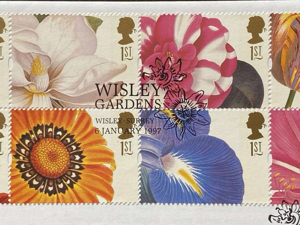 GB 1997 Flowers Greetings conjunto bloque SG#1955 - 1964 (SG 1955a) en FDC, Wisley SHS Foto 2 de 3